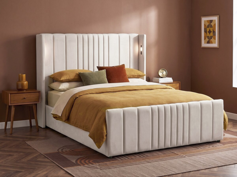 Lit double avec coffre en tissu et lampes intégrés "Verbier" - 160 x 200 cm - Beige