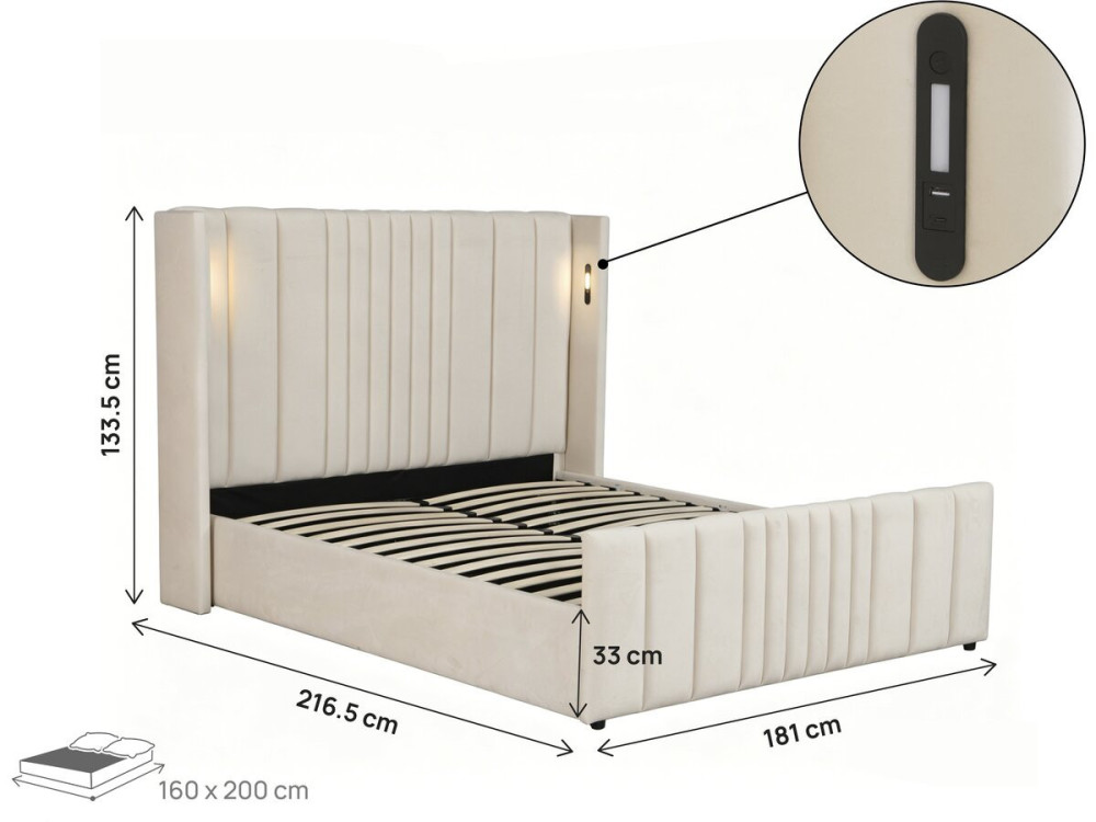 Lit double avec coffre en tissu et lampes intégrés "Verbier" - 160 x 200 cm - Beige