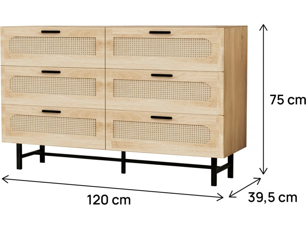 Commode en bois et cannage "Harrison" - 120 x 40 x 75 cm - Beige