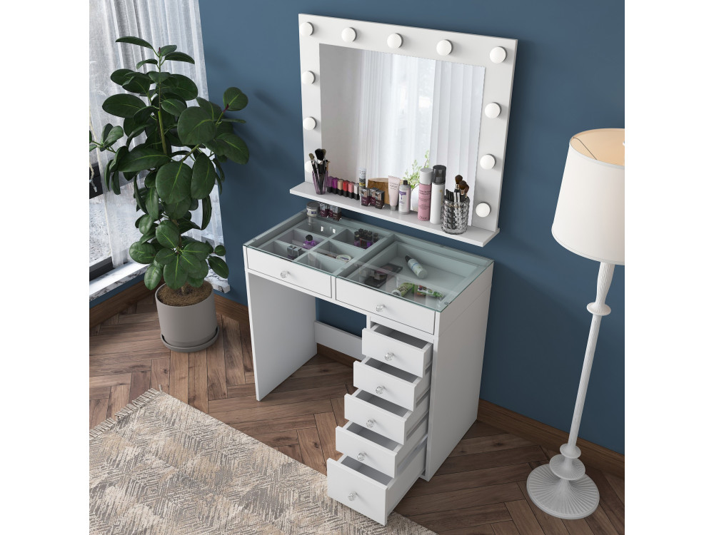 Coiffeuse avec miroir en bois "Kona" - 90 x 44 x 80 cm - Blanc