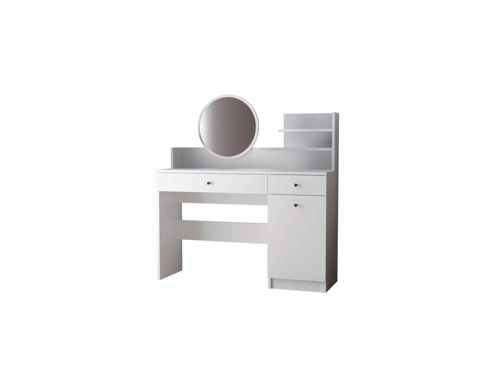 Coiffeuse avec miroir rond en bois "Harmony Round" - 124 x 40 x 135 cm - Blanc