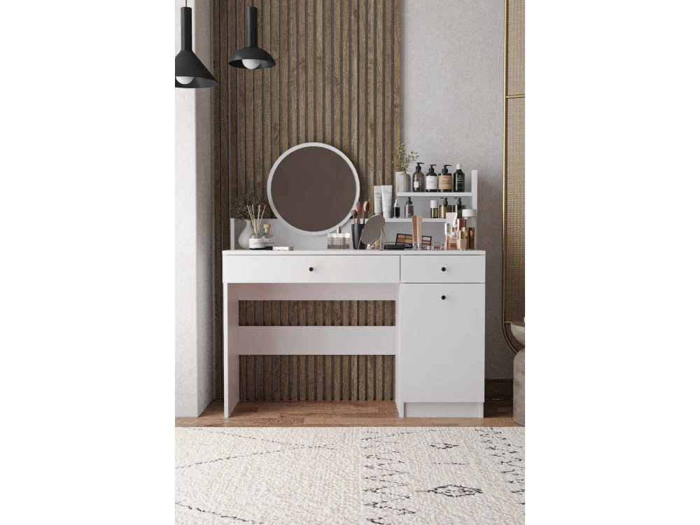 Coiffeuse avec miroir rond en bois "Harmony Round" - 124 x 40 x 135 cm - Blanc
