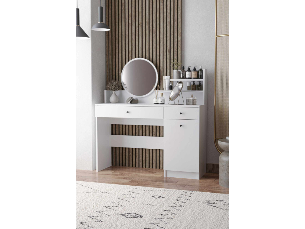 Coiffeuse avec miroir rond en bois "Harmony Round" - 124 x 40 x 135 cm - Blanc
