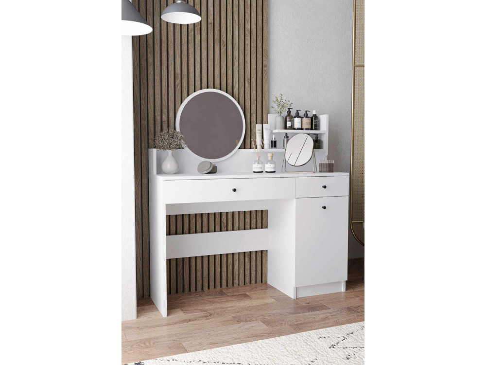 Coiffeuse avec miroir rond en bois "Harmony Round" - 124 x 40 x 135 cm - Blanc