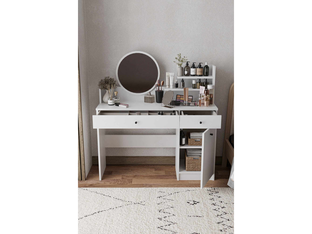Coiffeuse avec miroir rond en bois "Harmony Round" - 124 x 40 x 135 cm - Blanc