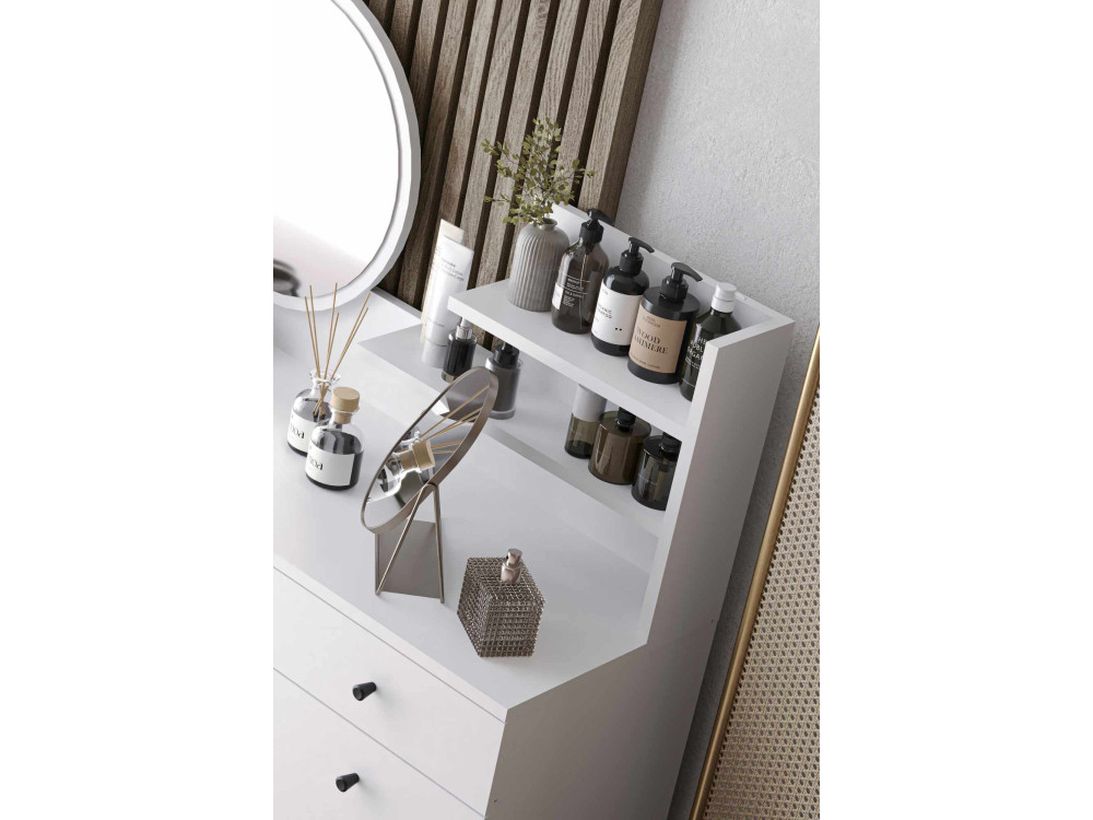 Coiffeuse avec miroir rond en bois "Harmony Round" - 124 x 40 x 135 cm - Blanc