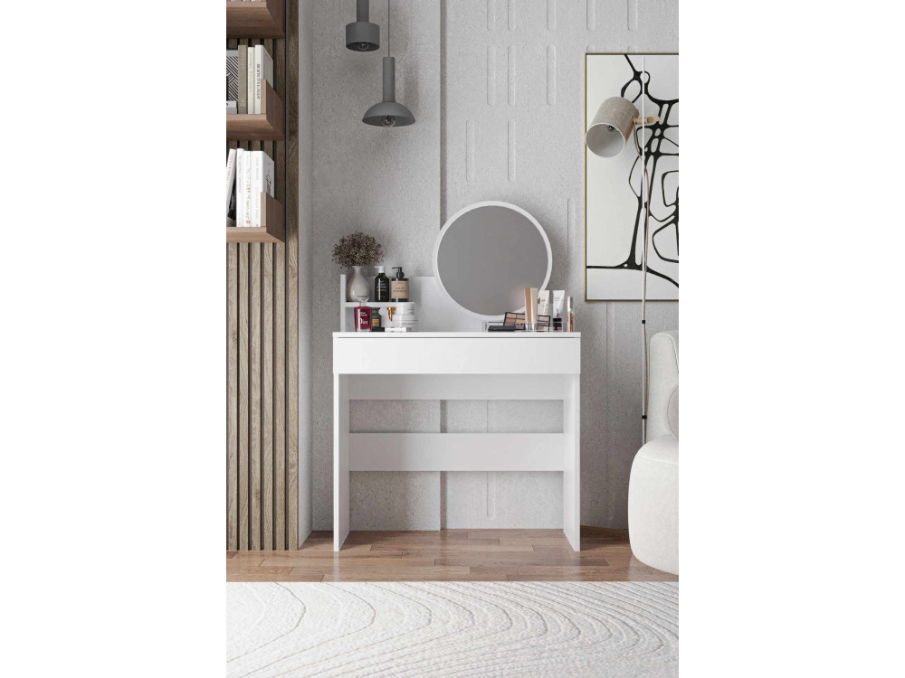 Coiffeuse avec miroir en bois "Harmony Mini Round" - 90 x 40 x 133 cm - Blanc