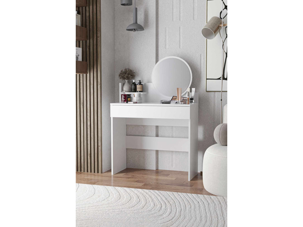 Coiffeuse avec miroir en bois "Harmony Mini Round" - 90 x 40 x 133 cm - Blanc