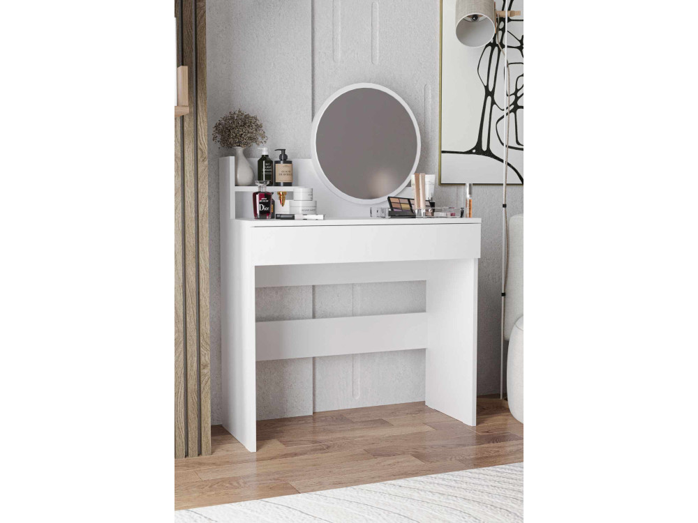 Coiffeuse avec miroir en bois "Harmony Mini Round" - 90 x 40 x 133 cm - Blanc