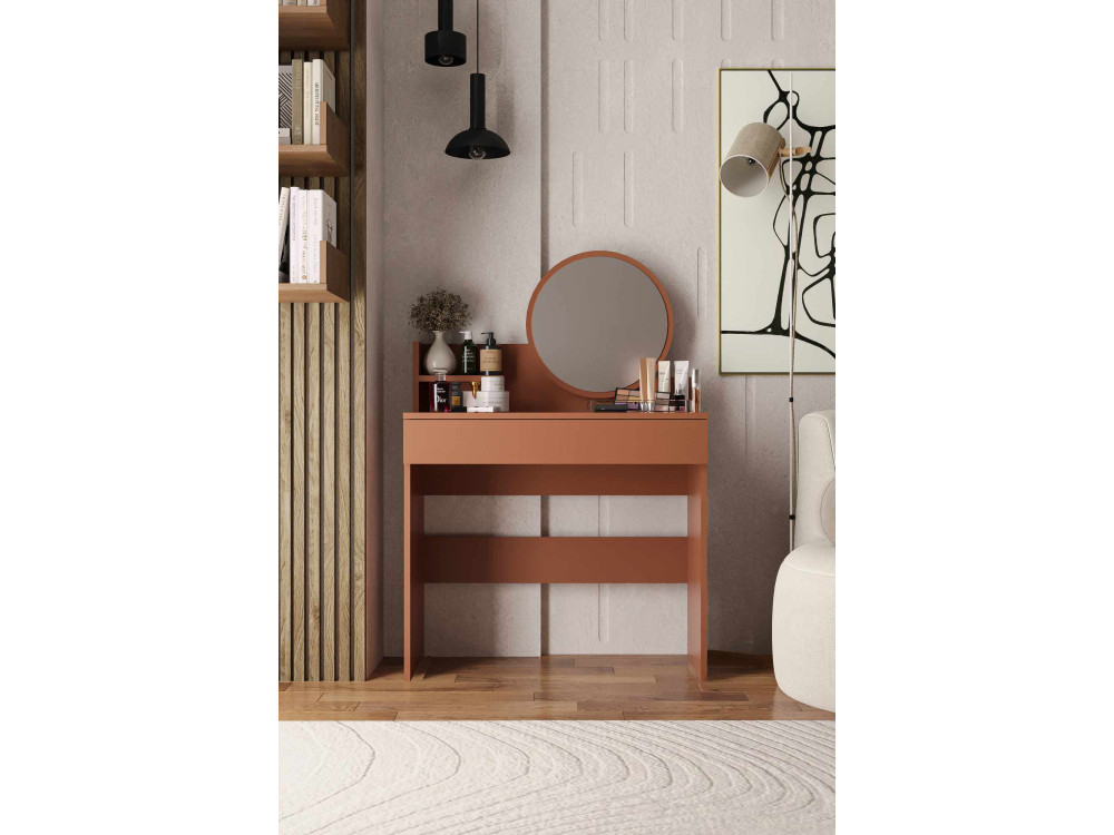 Coiffeuse avec miroir en bois "Harmony Mini Round" - 90 x 40 x 133 cm - Terracotta