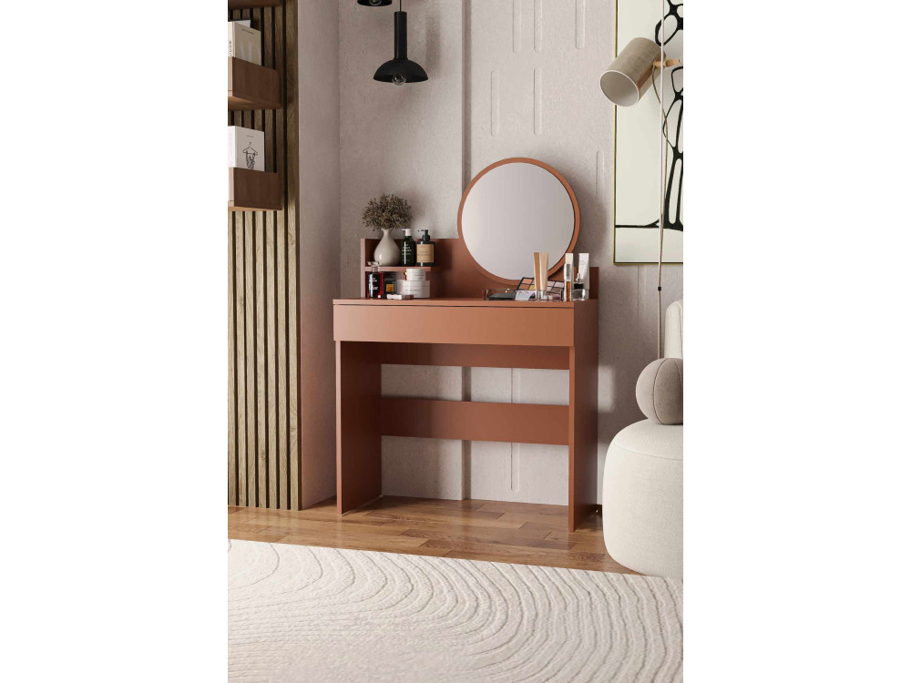 Coiffeuse avec miroir en bois "Harmony Mini Round" - 90 x 40 x 133 cm - Terracotta