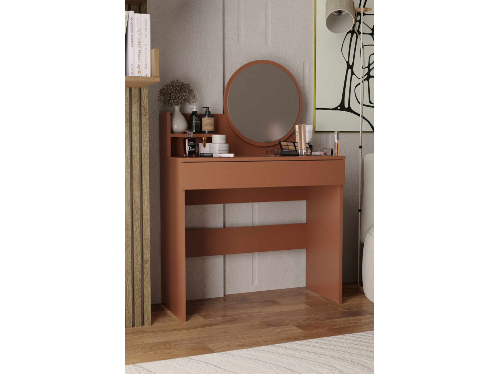 Coiffeuse avec miroir en bois "Harmony Mini Round" - 90 x 40 x 133 cm - Terracotta