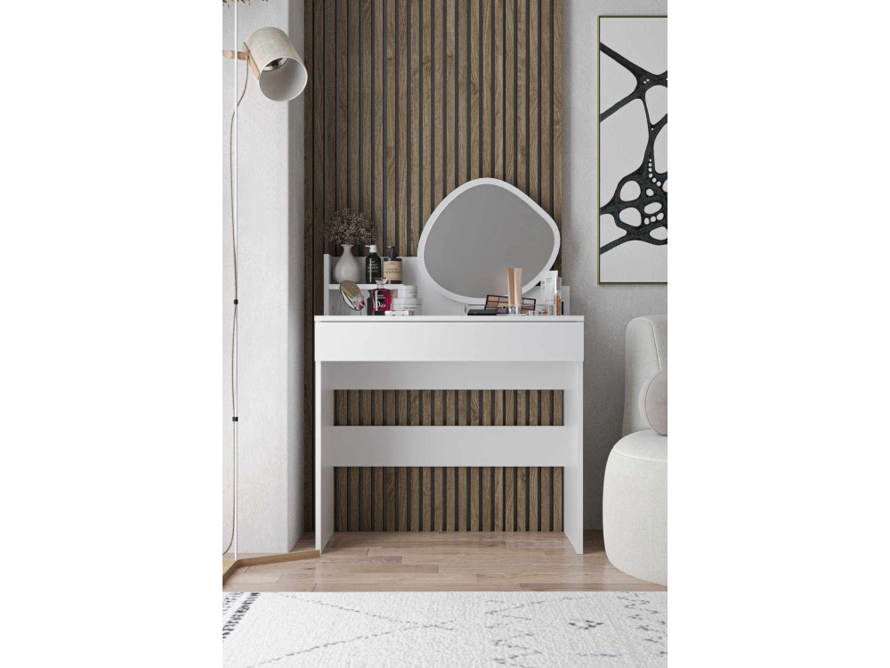 Coiffeuse avec miroir en bois "Harmony Mini Amorphous" - 90 x 40 x 133 cm - Blanc