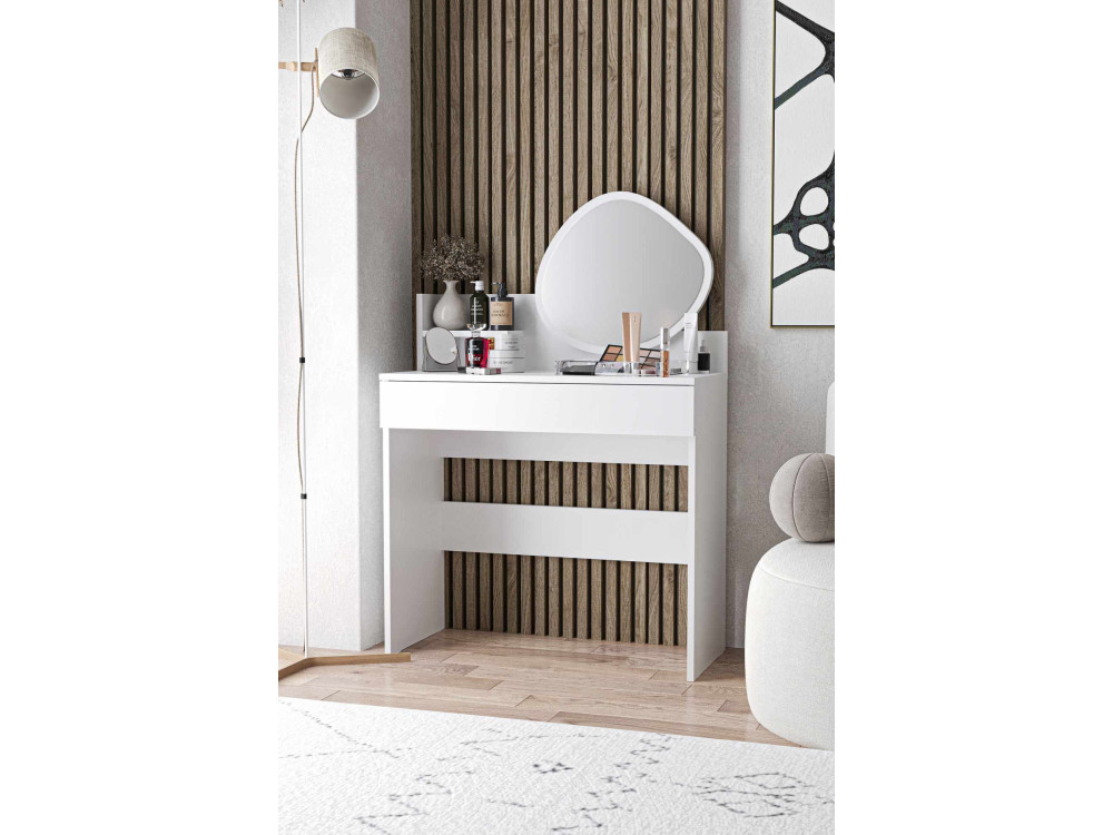 Coiffeuse avec miroir en bois "Harmony Mini Amorphous" - 90 x 40 x 133 cm - Blanc