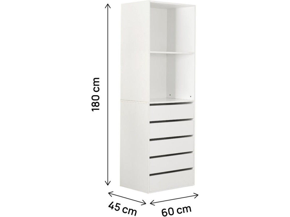Armoire avec 5 tiroirs et 2 étagères "Opéra" - 60 x 45 x 180 cm - Blanc