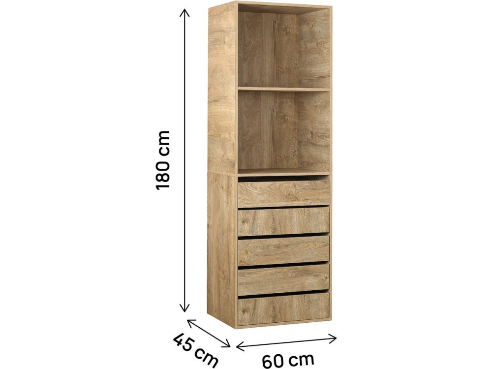 Armoire avec 5 tiroirs et 2 étagères "Opéra" - 60 x 45 x 180 cm - Beige