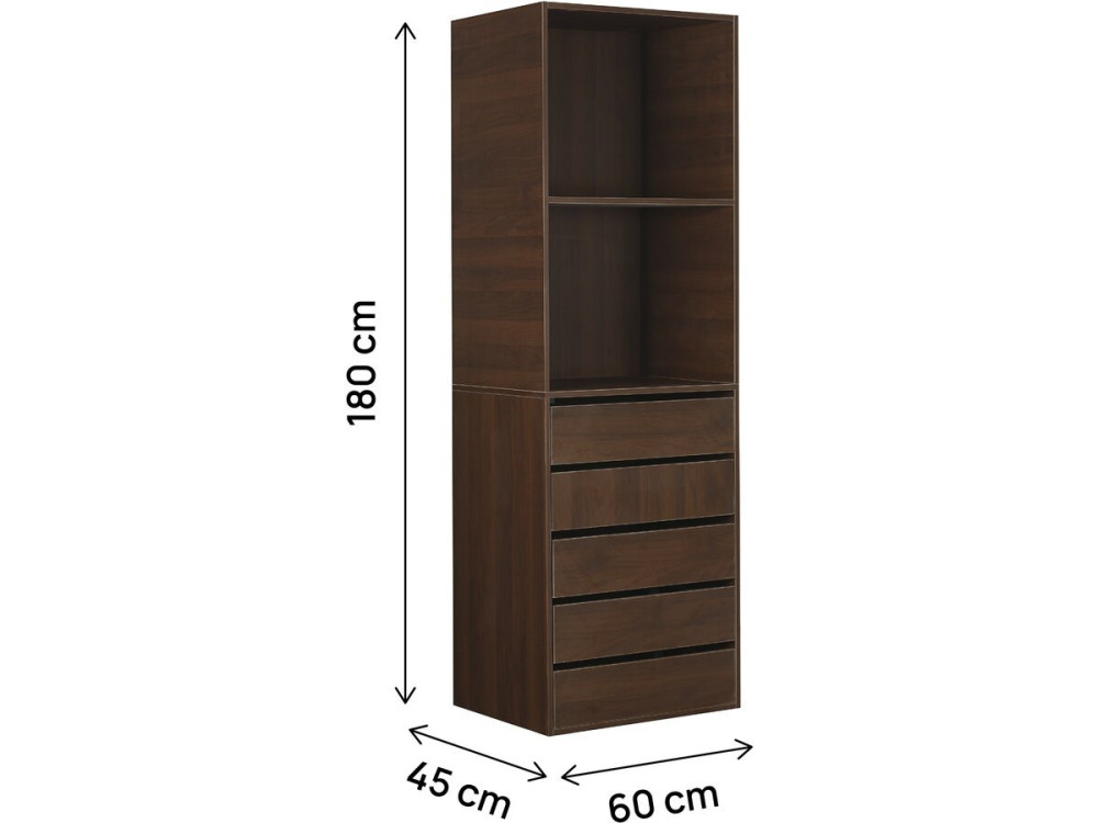 Armoire avec 5 tiroirs et 2 étagères "Opéra" - 60 x 45 x 180 cm - Marron