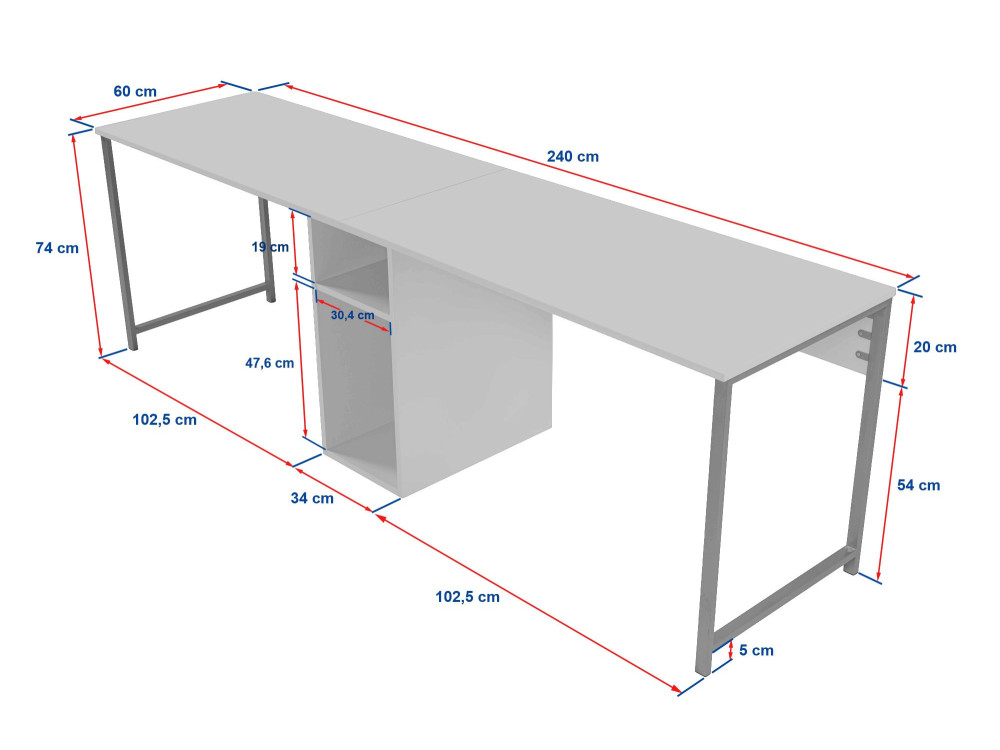 Bureau en bois "Twin Study Desk" - 240 x 60 x 74 cm - TravertinOr