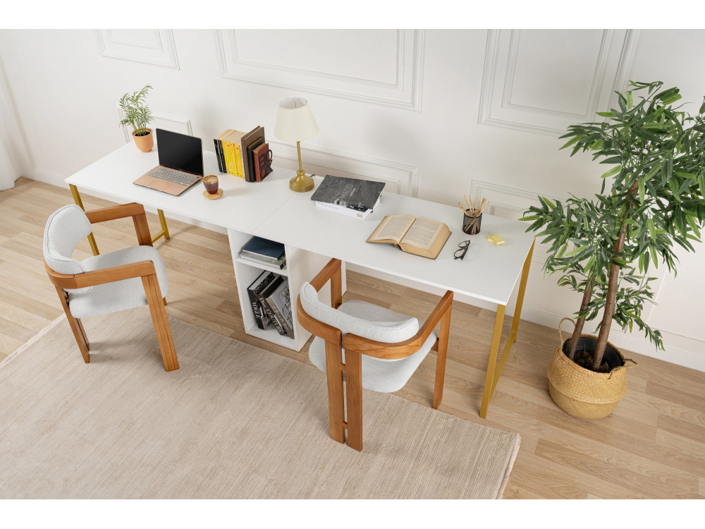 Bureau en bois "Twin Study Desk" - 240 x 60 x 74 cm - Or blanc