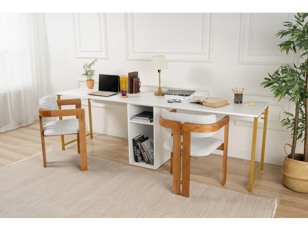 Bureau en bois "Twin Study Desk" - 240 x 60 x 74 cm - Or blanc