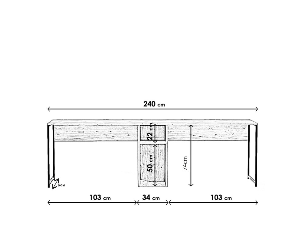 Bureau en bois "Ikili Calisma" - 240 x 60 x 74 cm - Pin atlantique Noir