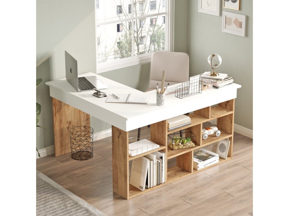 Bureau en bois "CT5" - 129 x 120 x 72 cm - Pin atlantique Blanc