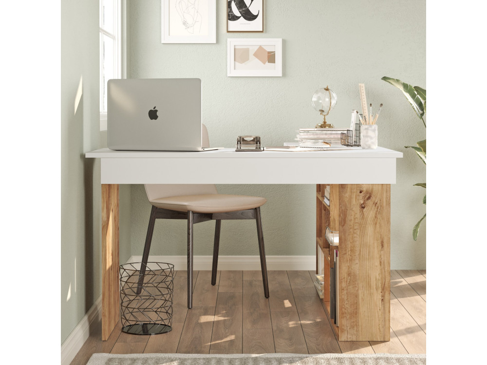 Bureau en bois "CT5" - 129 x 120 x 72 cm - Pin atlantique Blanc