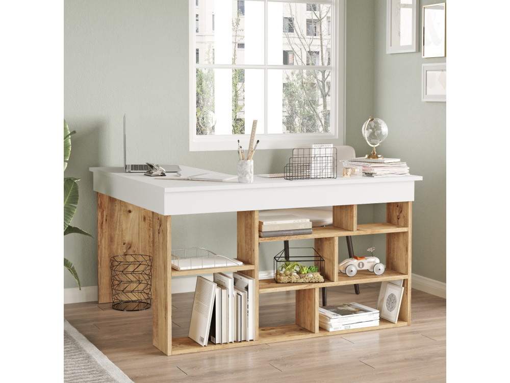 Bureau en bois "CT5" - 129 x 120 x 72 cm - Pin atlantique Blanc