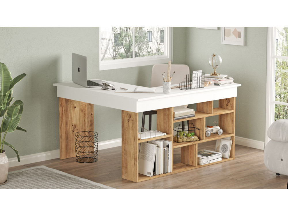 Bureau en bois "CT5" - 129 x 120 x 72 cm - Pin atlantique Blanc