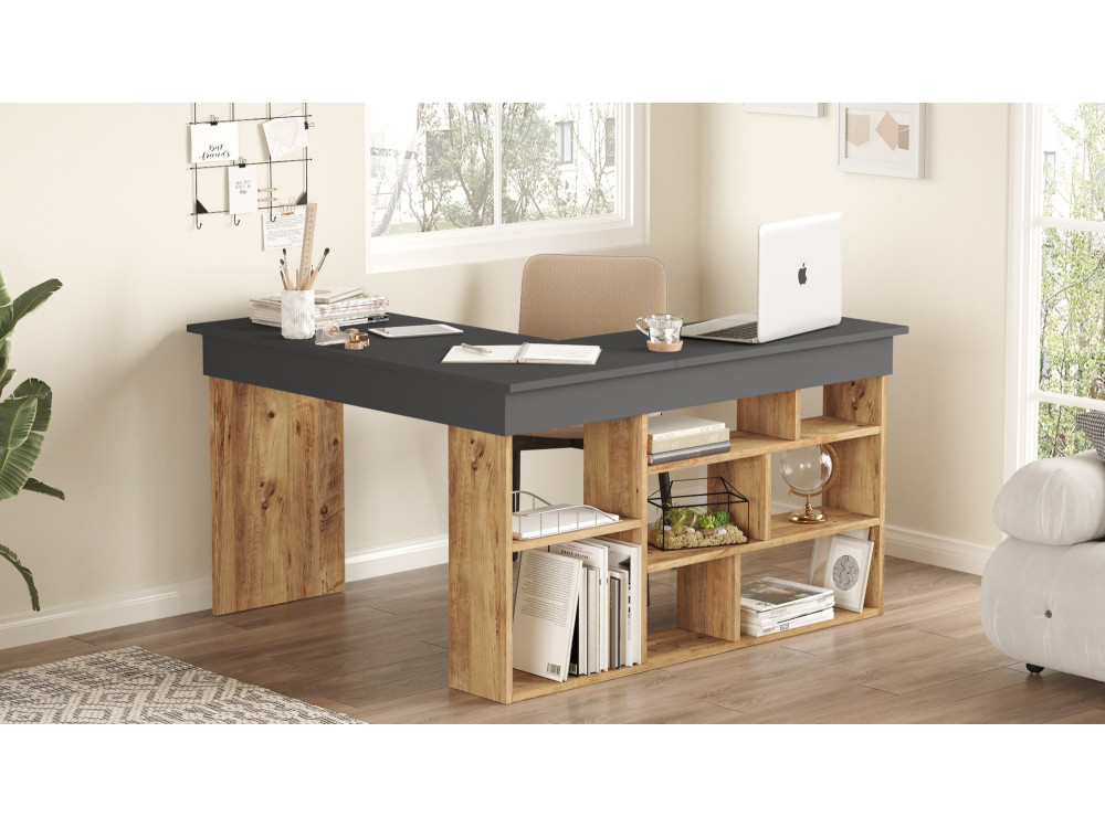Bureau en bois "CT5" - 129 x 120 x 72 cm - Pin atlantique Anthracite