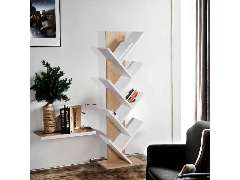 Bibliothèque en bois "Tuval 066" - 46 x 22 x 129 cm - Chêne, Blanc