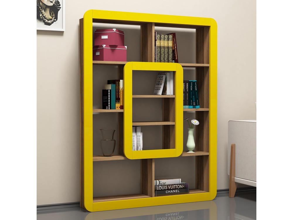 Bibliothèque en bois "Orkide" - 108 x 21 x 140 cm - Noyer, Jaune