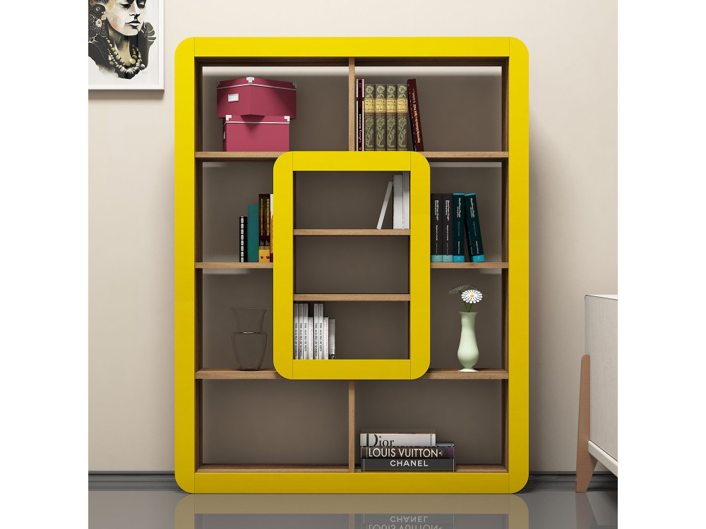 Bibliothèque en bois "Orkide" - 108 x 21 x 140 cm - Noyer, Jaune