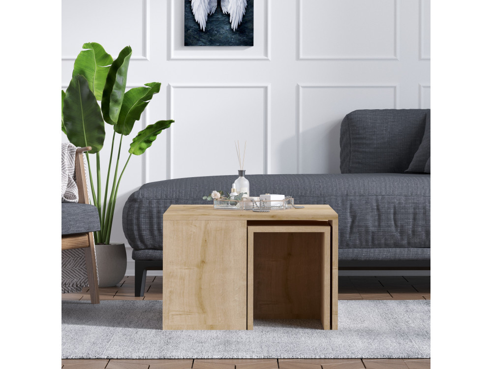 Ensemble de tables basses en bois "Ortanca" - 60 x 60 x 37 cm - Chêne Saphir