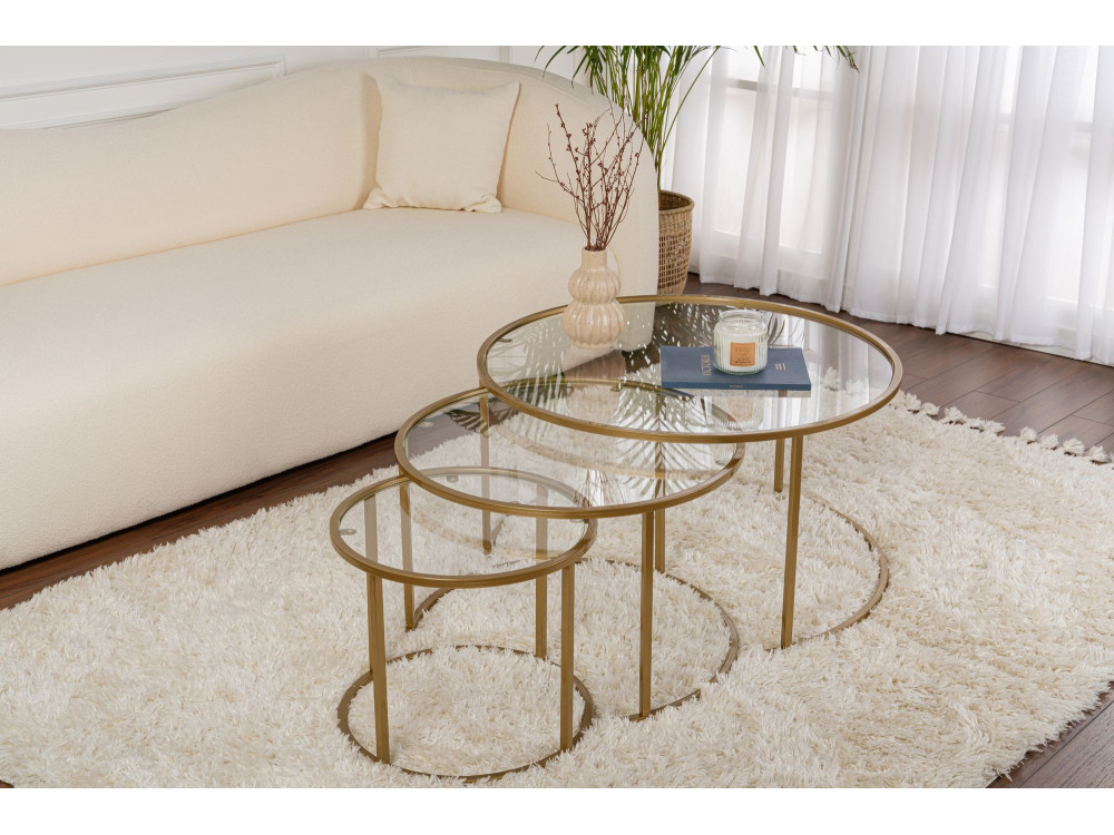 Lot de 3 tables basses en métal "Aurum" - 80 x 80 x 43 cm - Or Transparent