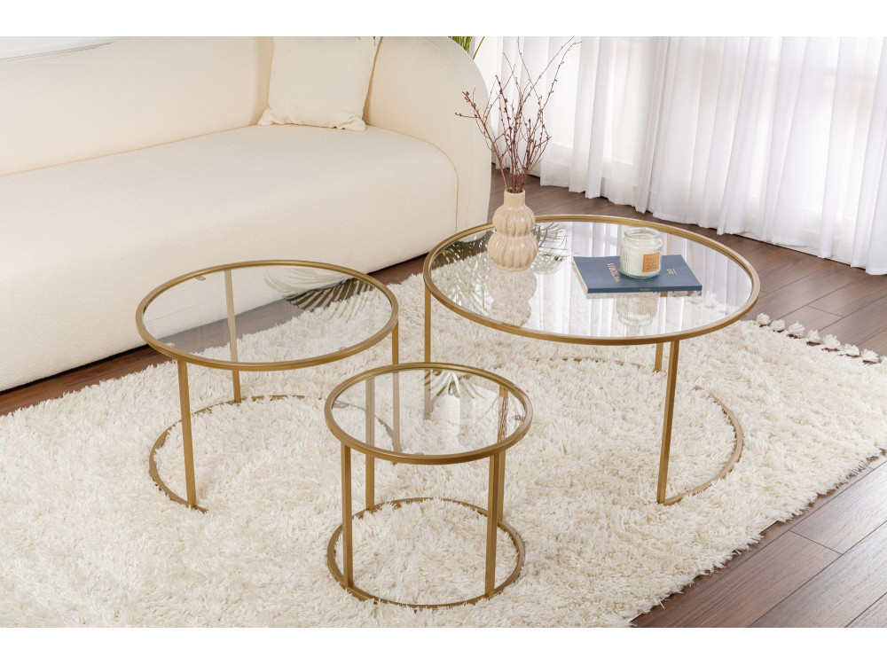 Lot de 3 tables basses en métal "Aurum" - 80 x 80 x 43 cm - Or Transparent