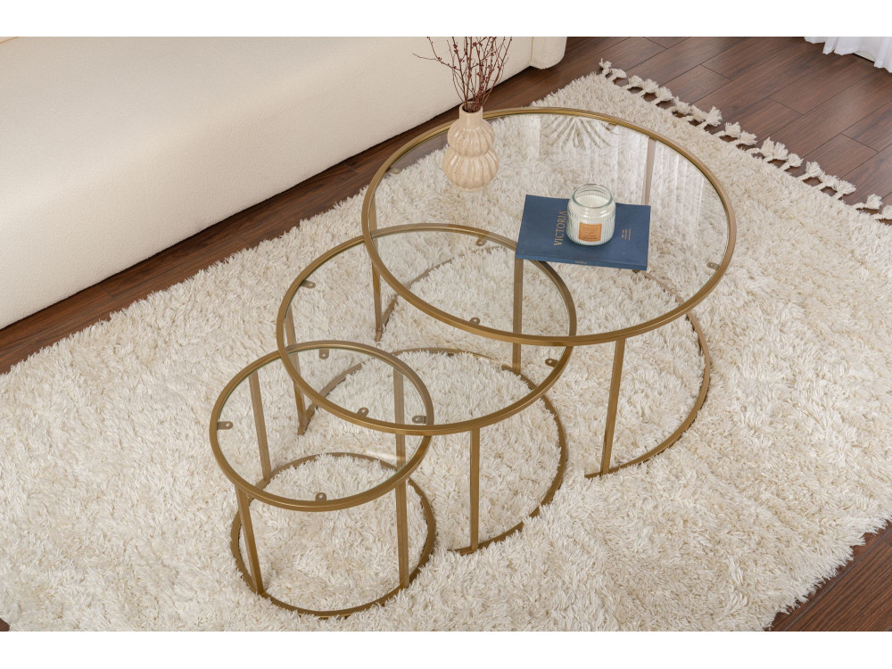 Lot de 3 tables basses en métal "Aurum" - 80 x 80 x 43 cm - Or Transparent