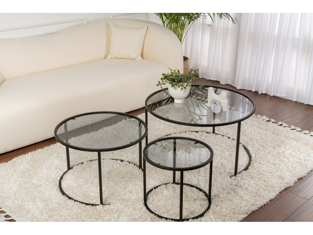 Lot de 3 tables basses en métal "Aurum" -  80 x 80 x 43 cm - Noir Gris