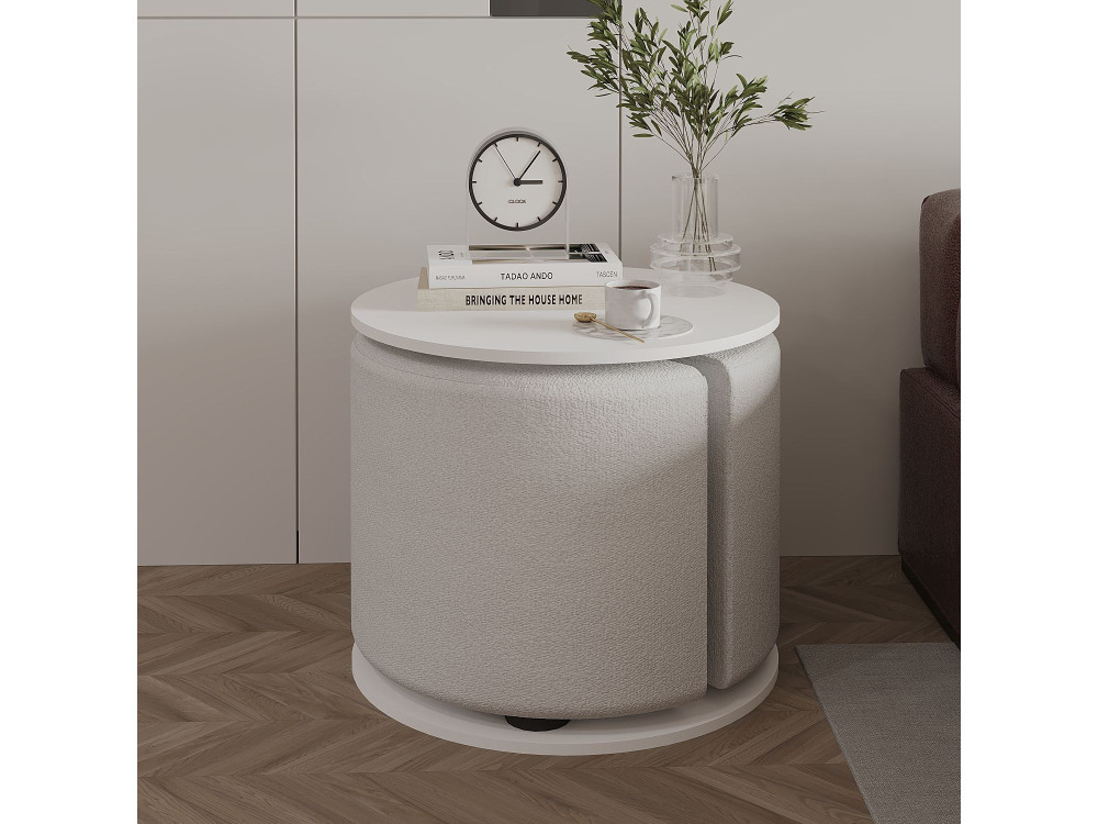 Table d'appoint avec pouf en bois "Vexana" - 43 x 43 x 47 cm - Blanc