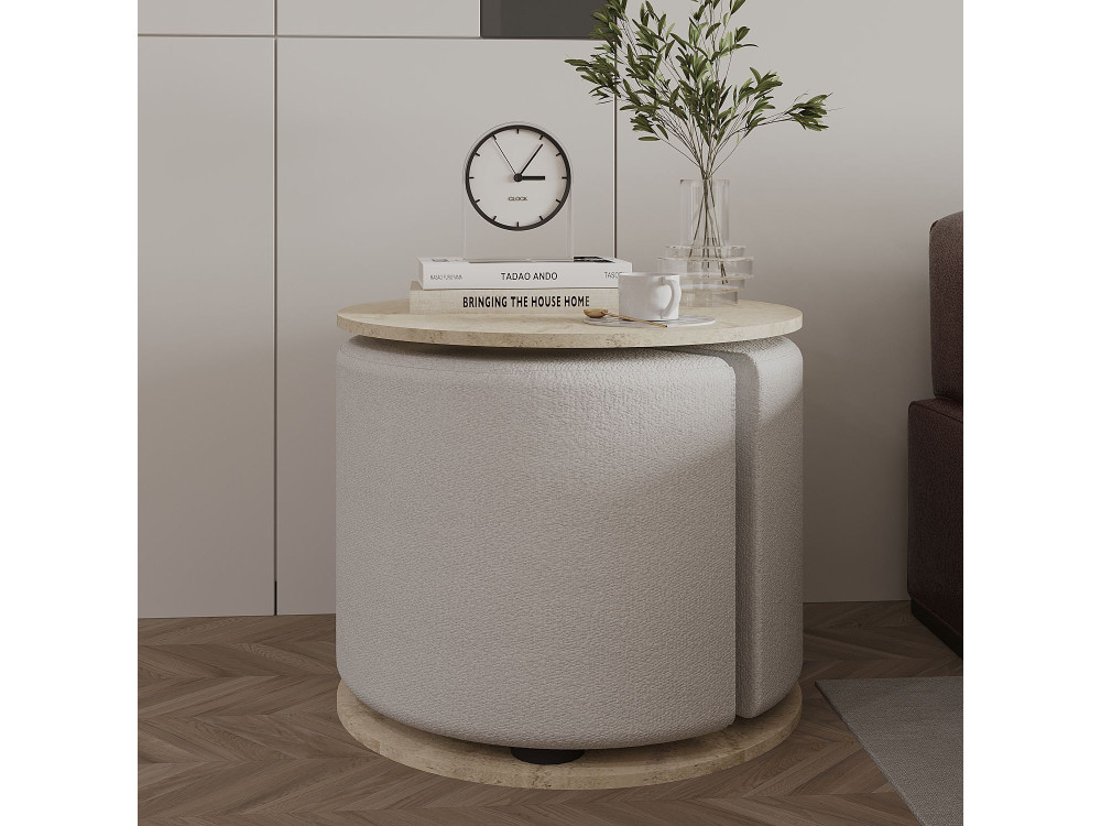 Table d'appoint avec pouf en bois "Vexana" - 43 x 43 x 47 cm - Travertin