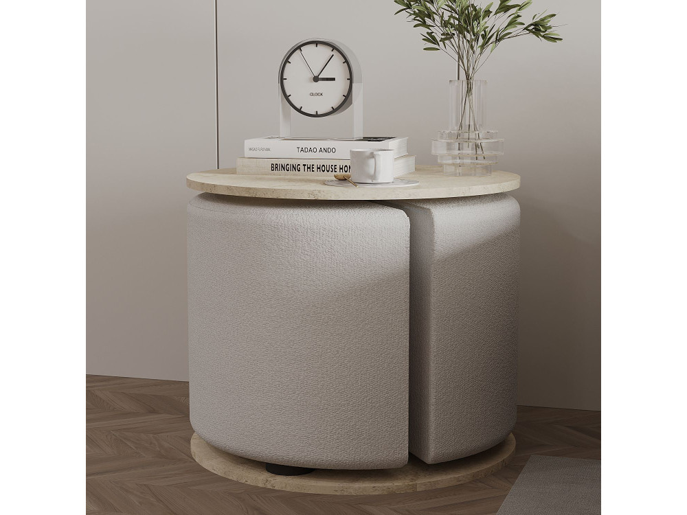 Table d'appoint avec pouf en bois "Vexana" - 43 x 43 x 47 cm - Travertin
