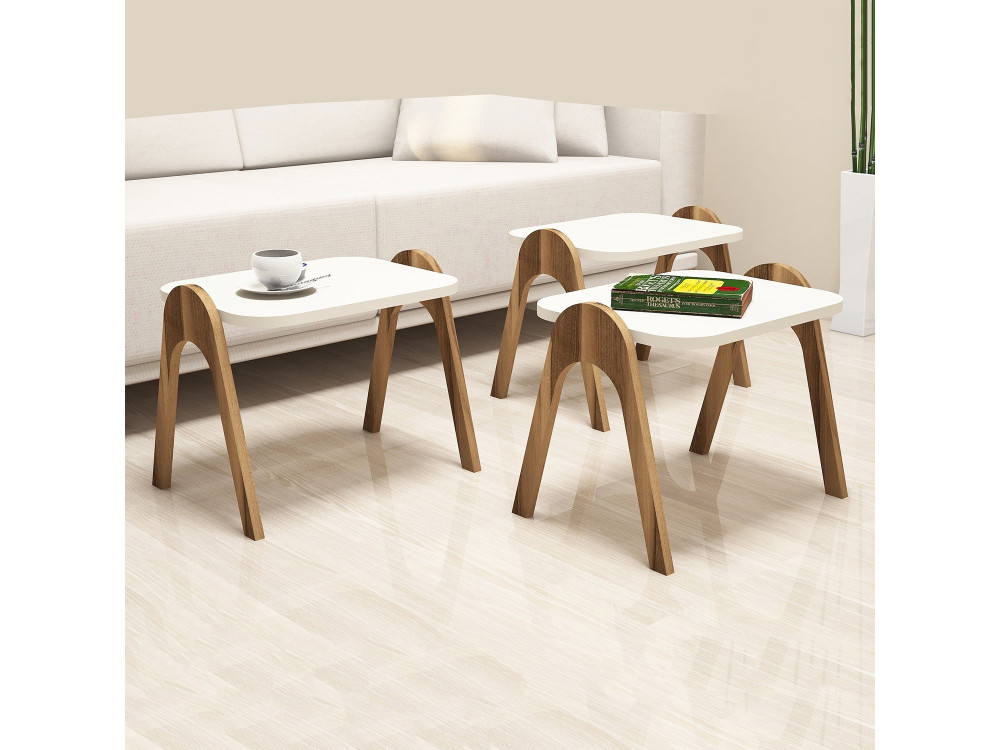 Lot de 3 tables basses gigognes en bois "Paris" - 48 x 35 x 72 cm - Crème