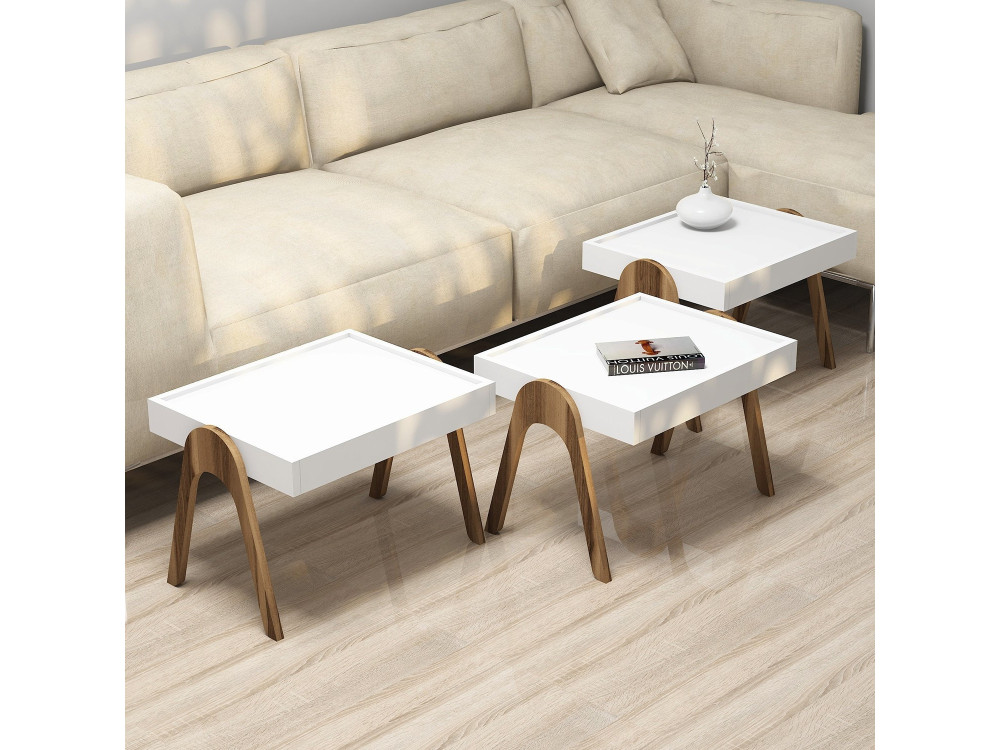 Lot de 3 tables basses gigognes en bois "Roma" - 53 x 40 x 64 cm - Blanc