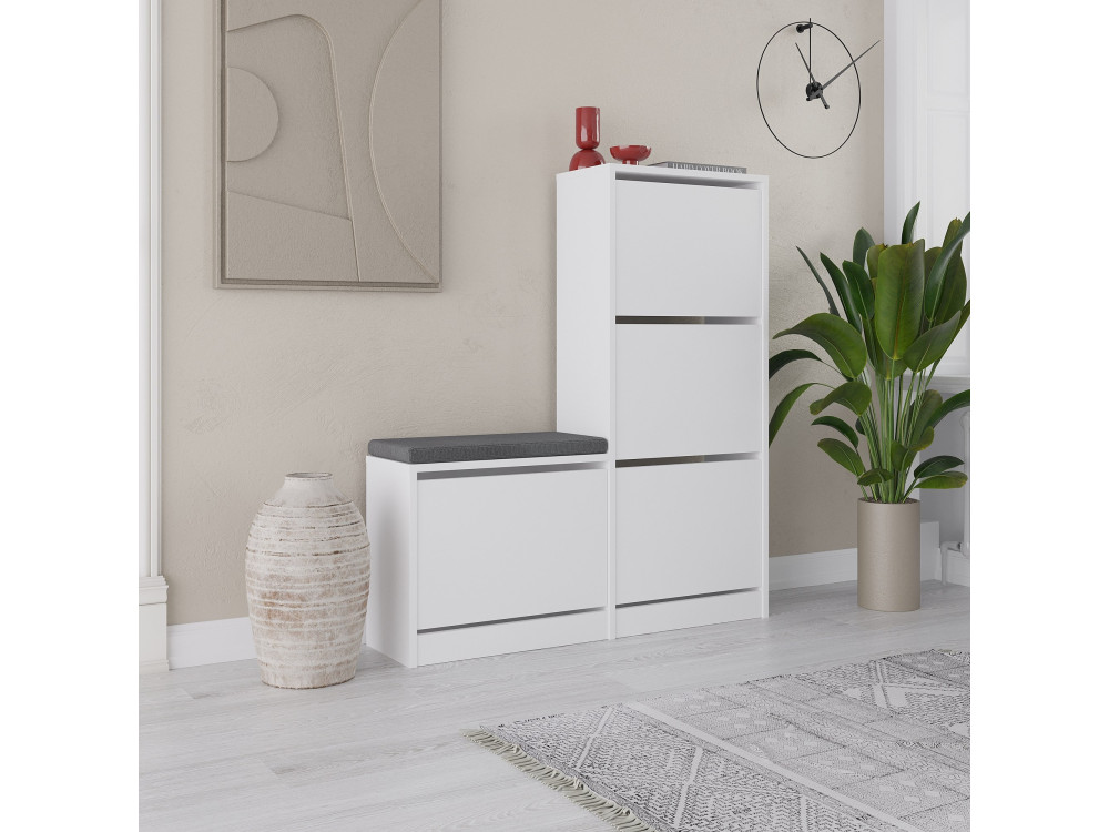 Meuble à chaussures avec assise en bois "Dude" - 105 x 26 x 118 cm - Blanc