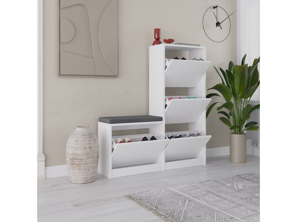 Meuble à chaussures avec assise en bois "Dude" - 105 x 26 x 118 cm - Blanc