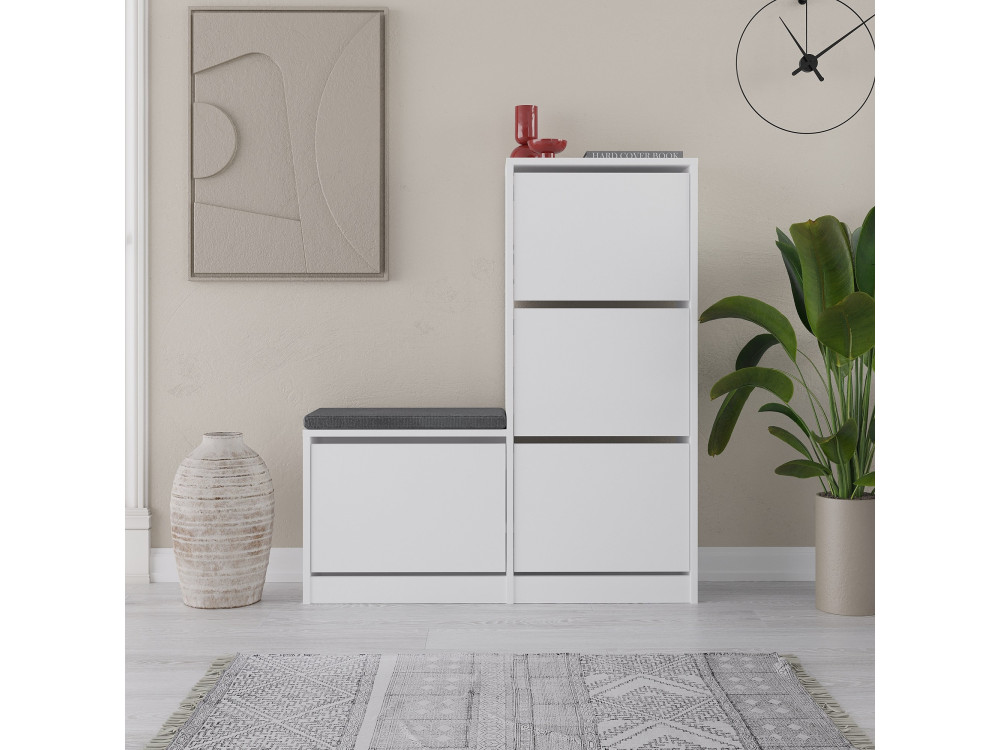 Meuble à chaussures avec assise en bois "Dude" - 105 x 26 x 118 cm - Blanc