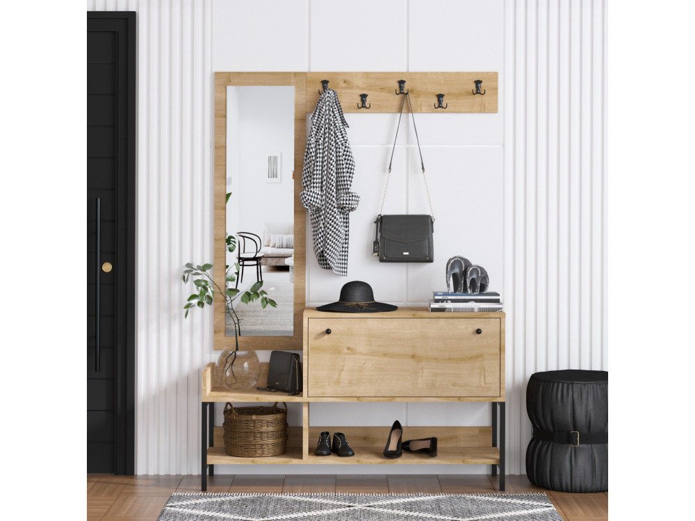 Meuble à chaussures avec miroir en bois "Nonso" - 120 x 35 x 70 cm - Beige