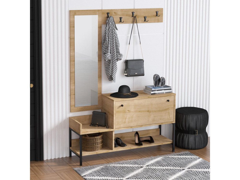 Meuble à chaussures avec miroir en bois "Nonso" - 120 x 35 x 70 cm - Beige