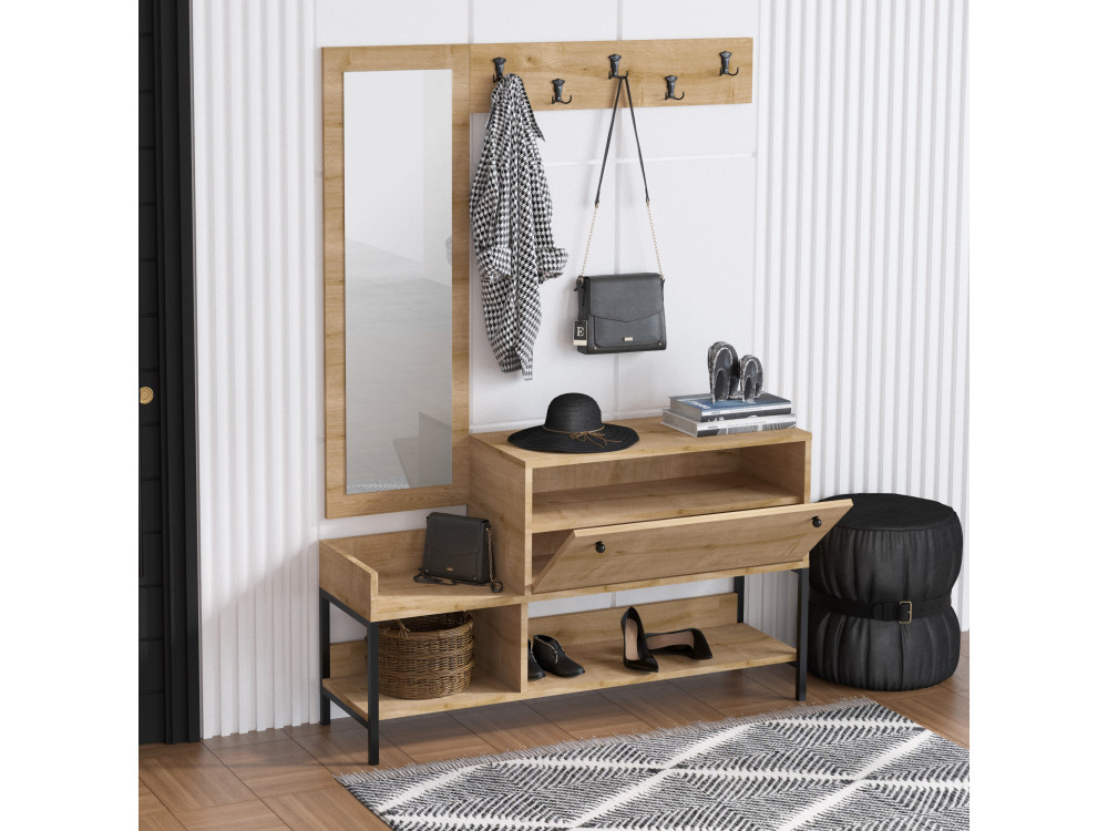 Meuble à chaussures avec miroir en bois "Nonso" - 120 x 35 x 70 cm - Beige