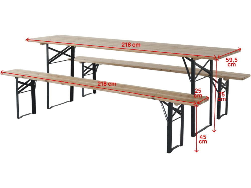 Table de jardin brasserie pliante avec 2 bancs " Lisbonne " - 218 x 59,5 x 75 cm -  Marron